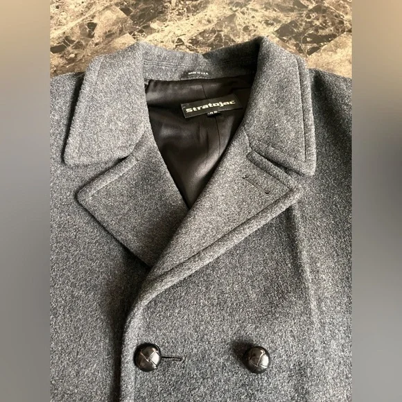 Vintage Stratojac Men's Gray Double Breasted Overcoat Wool Winter Outdoors S48